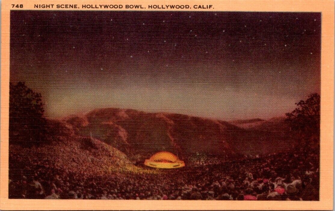 Postcard California Hollywood Bowl Night Scene Linen 1940s Symphony Under Stars