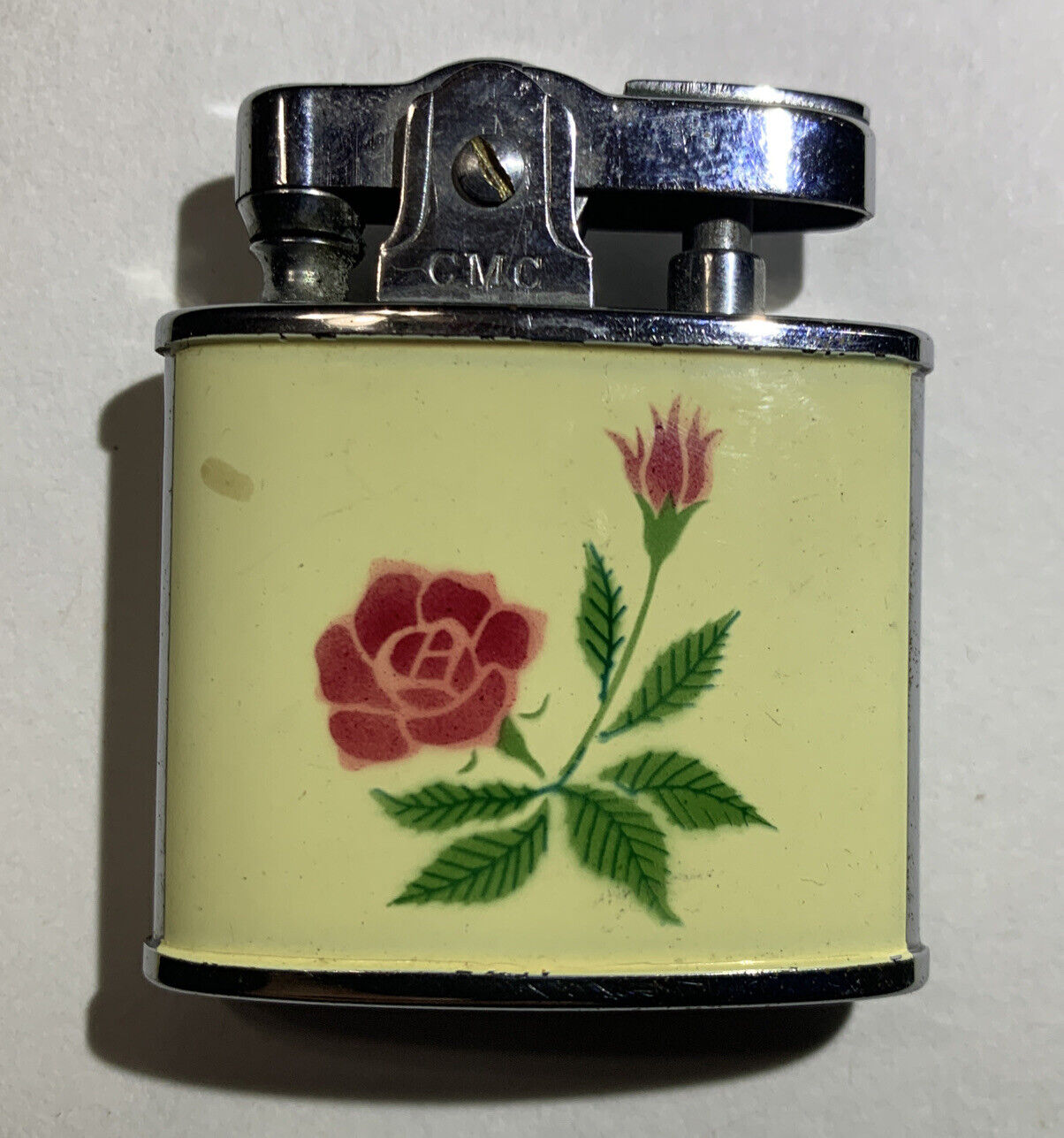 RARE 1960's Continental Japan Lighter Ivory Red Pink Rose floral Design Vintage