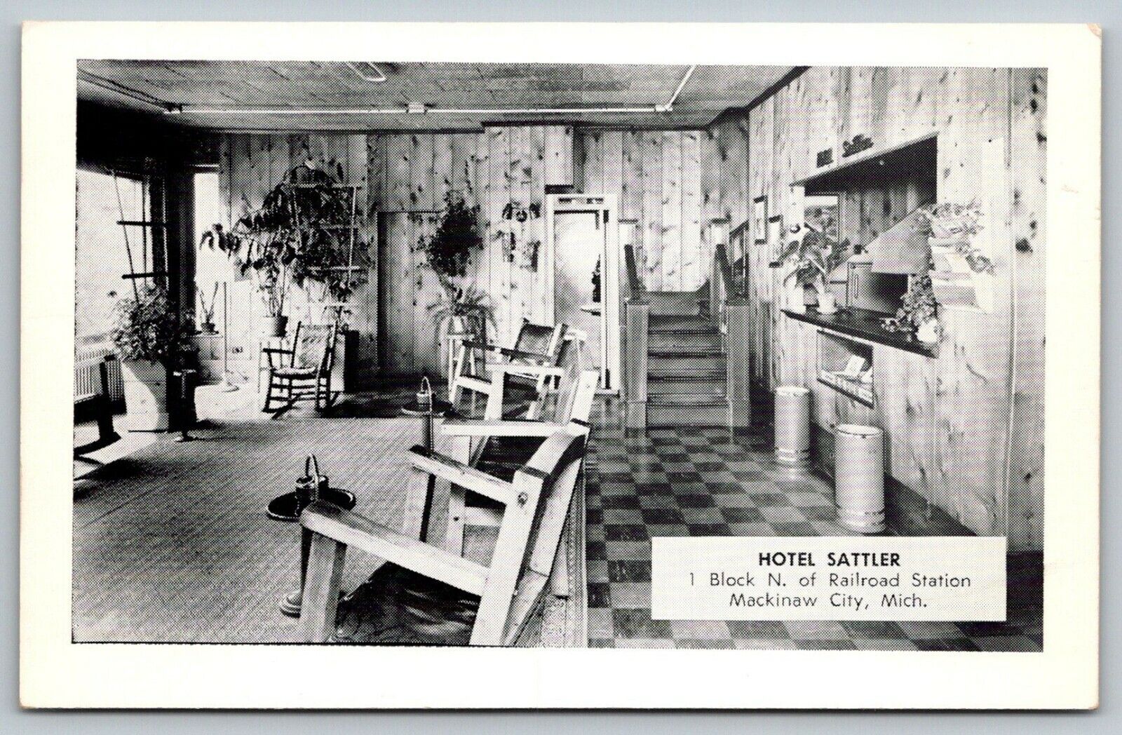 Mackinaw City Michigan~Hotel Sattler~Lobby Interior Telephone Booth~1940s B&W PC