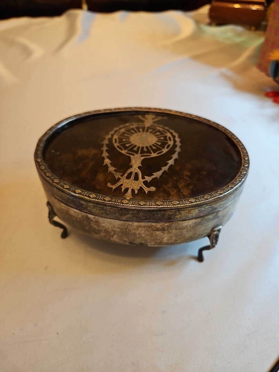 Antique/Vtg Ladies Dresser Trinket Jewelry Box Four Footed Silver