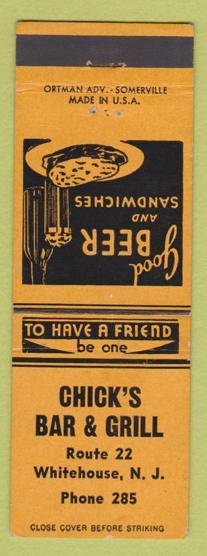 Matchbook Cover - Chick\'s Bar Grill Whitehouse NJ low phone #