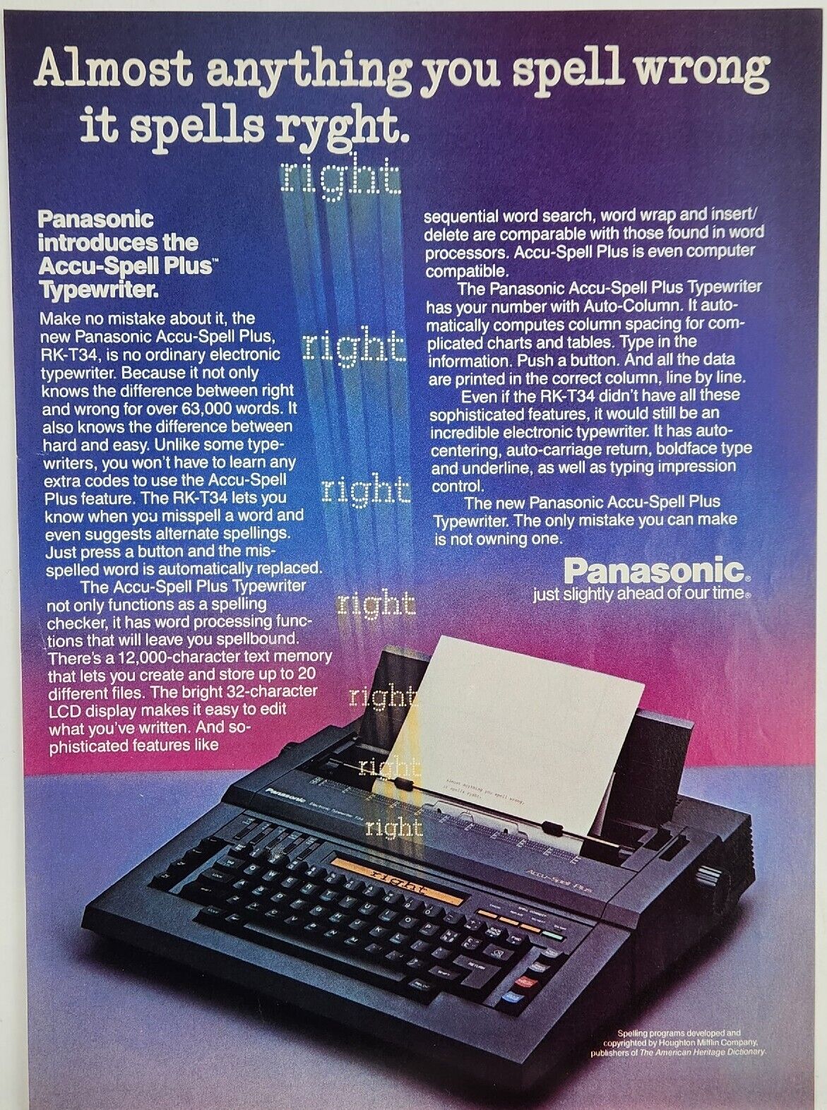 1987 Panasonic Accu Spell Plus Typewriter RK-T34 Vintage Print Ad