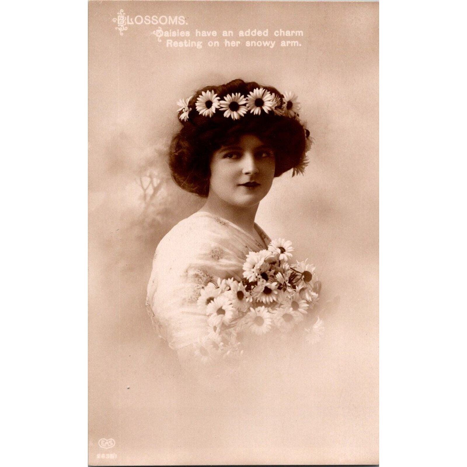 Vintage Edwardian Postcard Woman RPPC 1900\'s Blossoms Quote Daisies in Hair