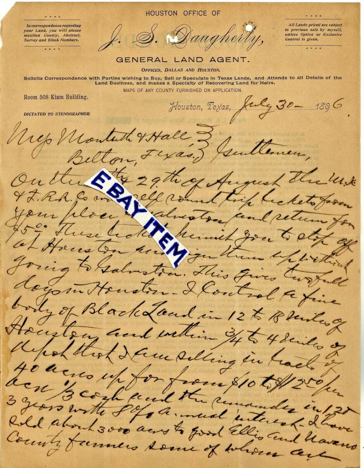 1896 Letterhead HOUSTON Texas JACAMIAH SEAMAN DAUGHERTY General Land Agent