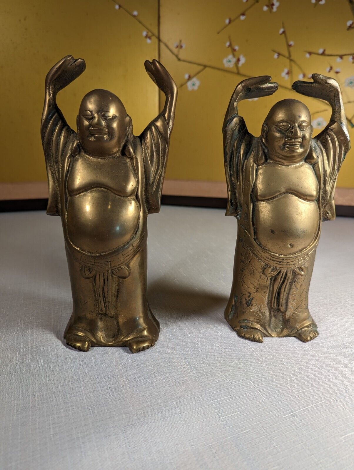 Vintage Pair of Brass Buddha Statues Praising Hands Raised China Metal Buddhism 
