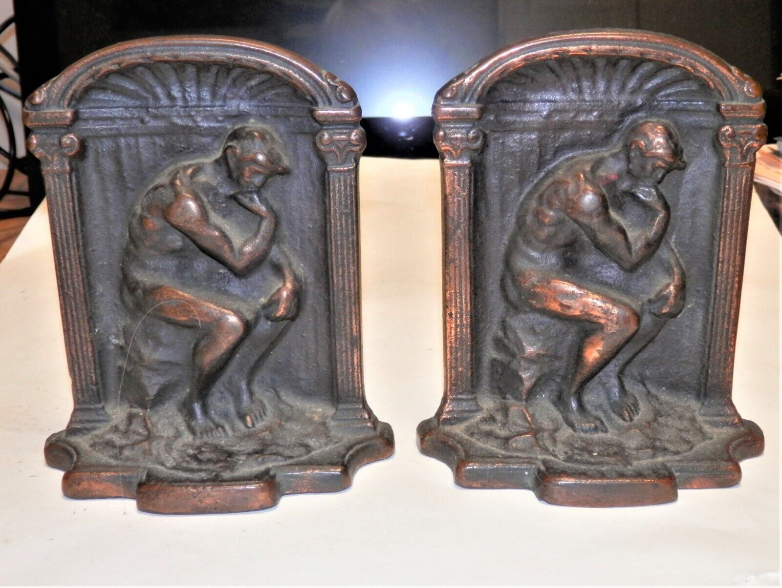 Pair of Bronze Bookends, The Thinker, Signed \
