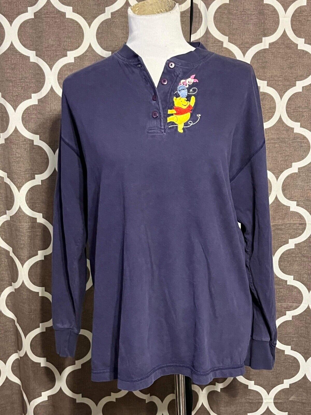 Vintage Disney Henley Shirt Embroidered Pooh Piglet Jerry Leigh Adult Medium
