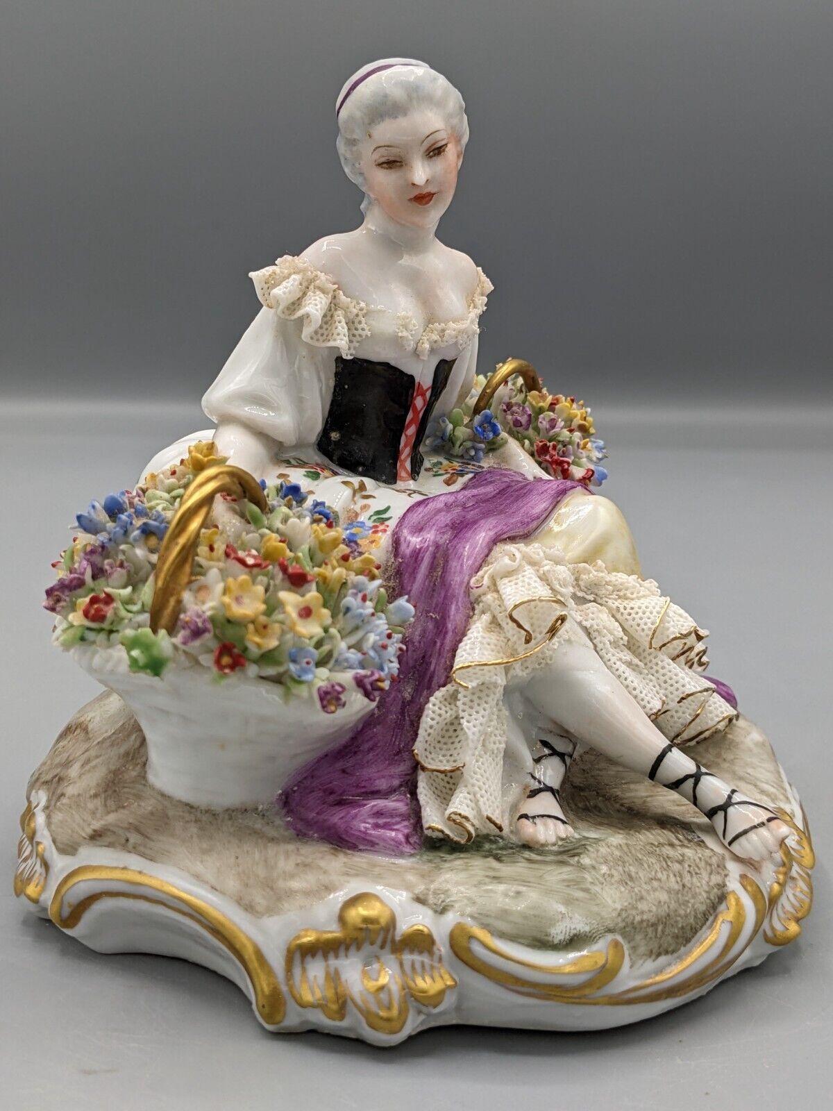 Vintage Italy Luigi Fabris Lace Porcelain Figurine Lady With Flowers Marked