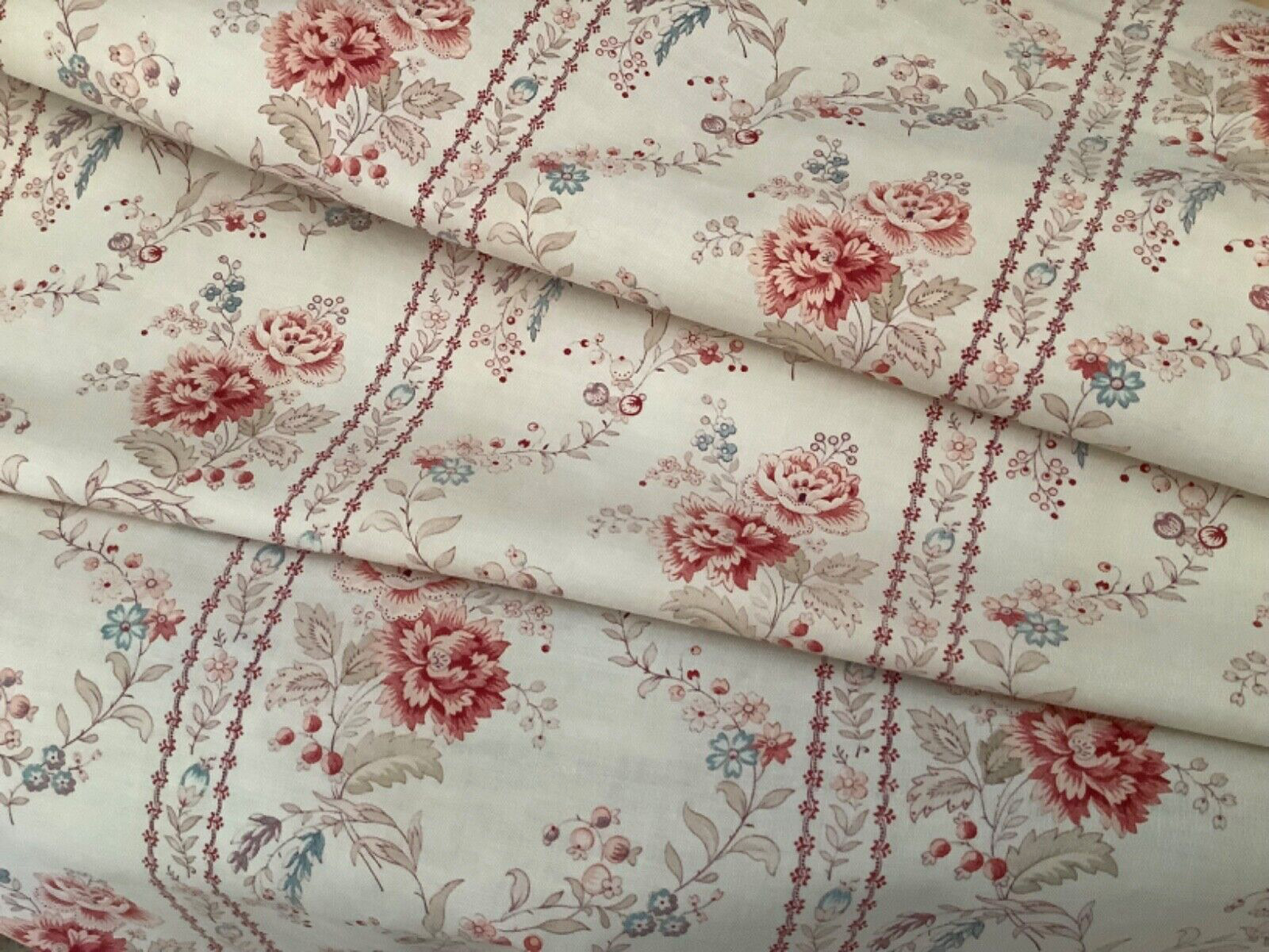 Antique French Cotton Fabric or Curtain Lovely Floral Stripe Block Print Roses