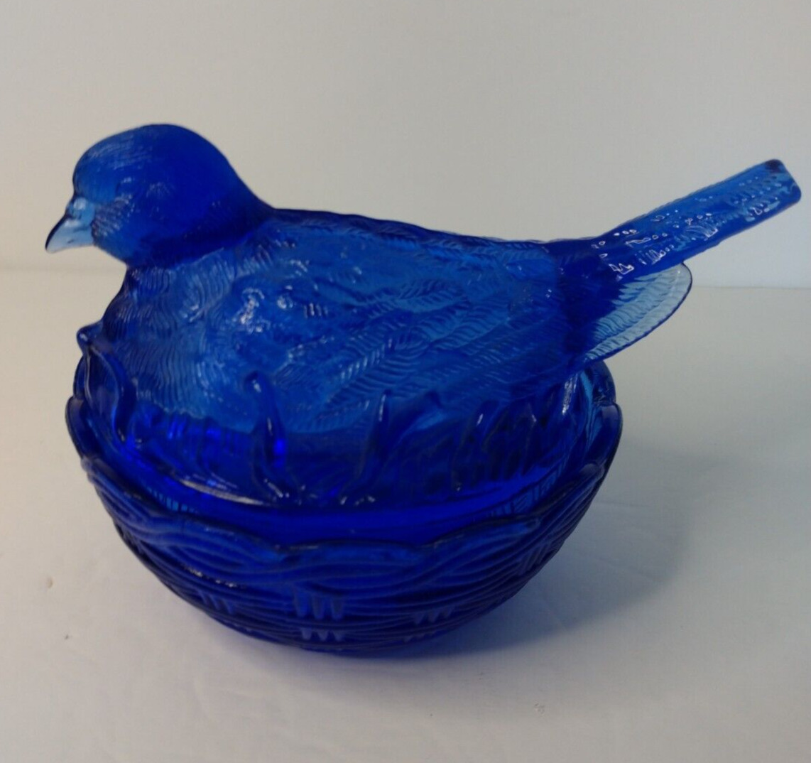 Hsinchu Glass Cobalt Blue Bird on Nest Dish Vintage Small chip on nest edge