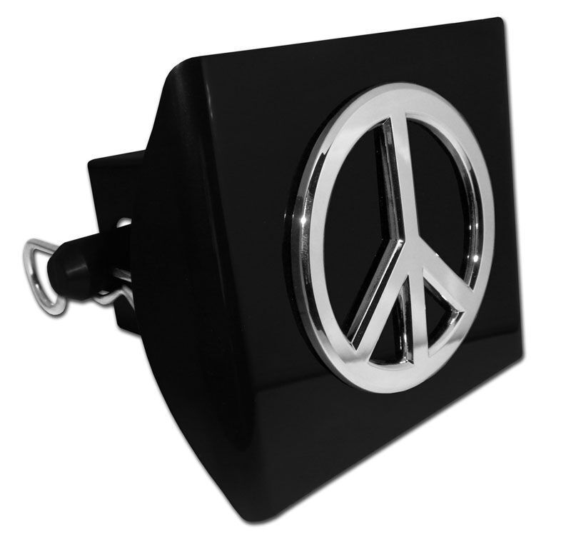 PEACE SIGN CHROME PLATED ON BLACK USA MADE PLASTIC TRAILER HITCH COVER 