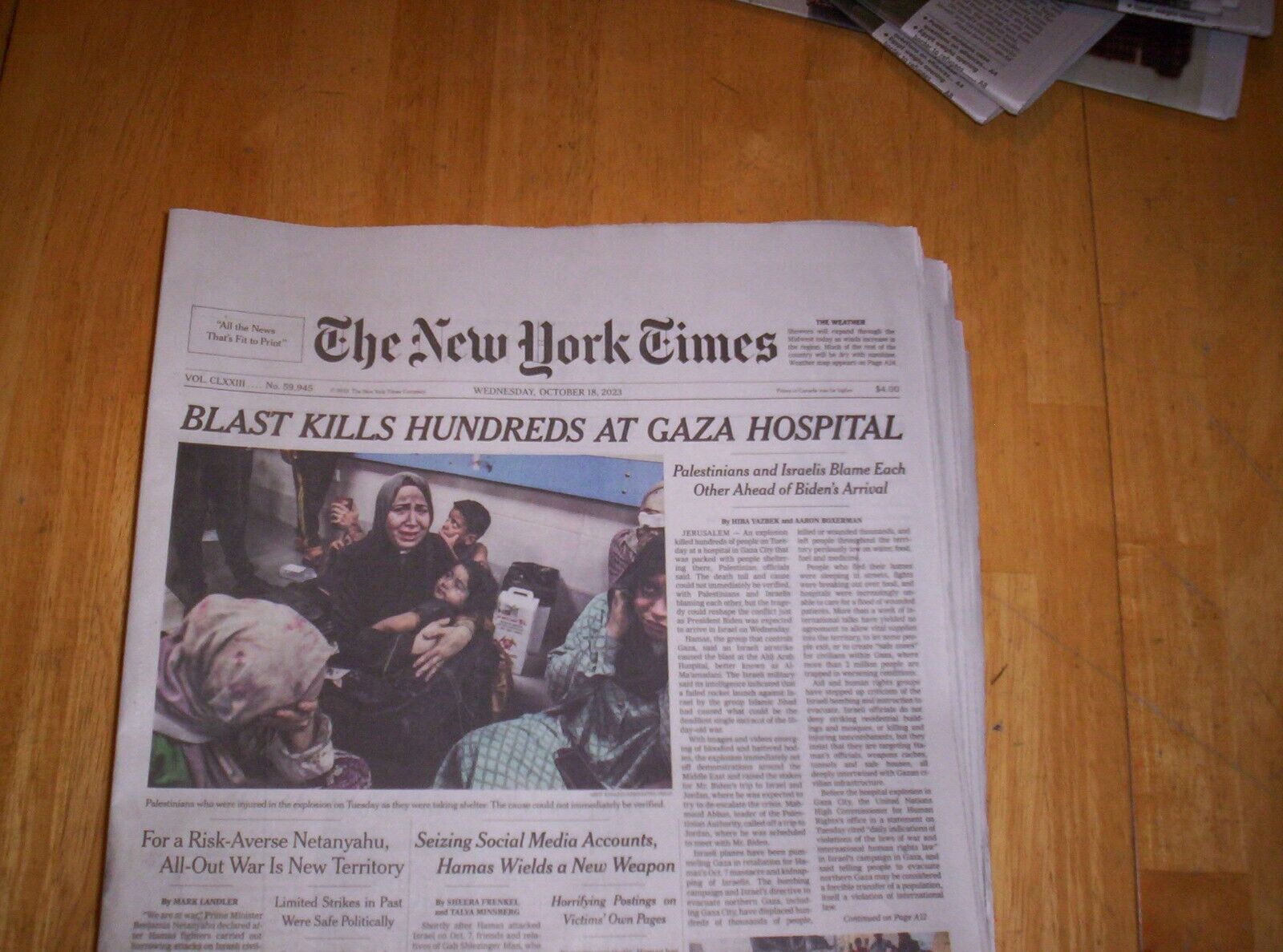 THE NEW YORK TIMES WEDNESDAY OCTOBER 18, 2023 BLAST KILLS HUNDREDS IN GAZA