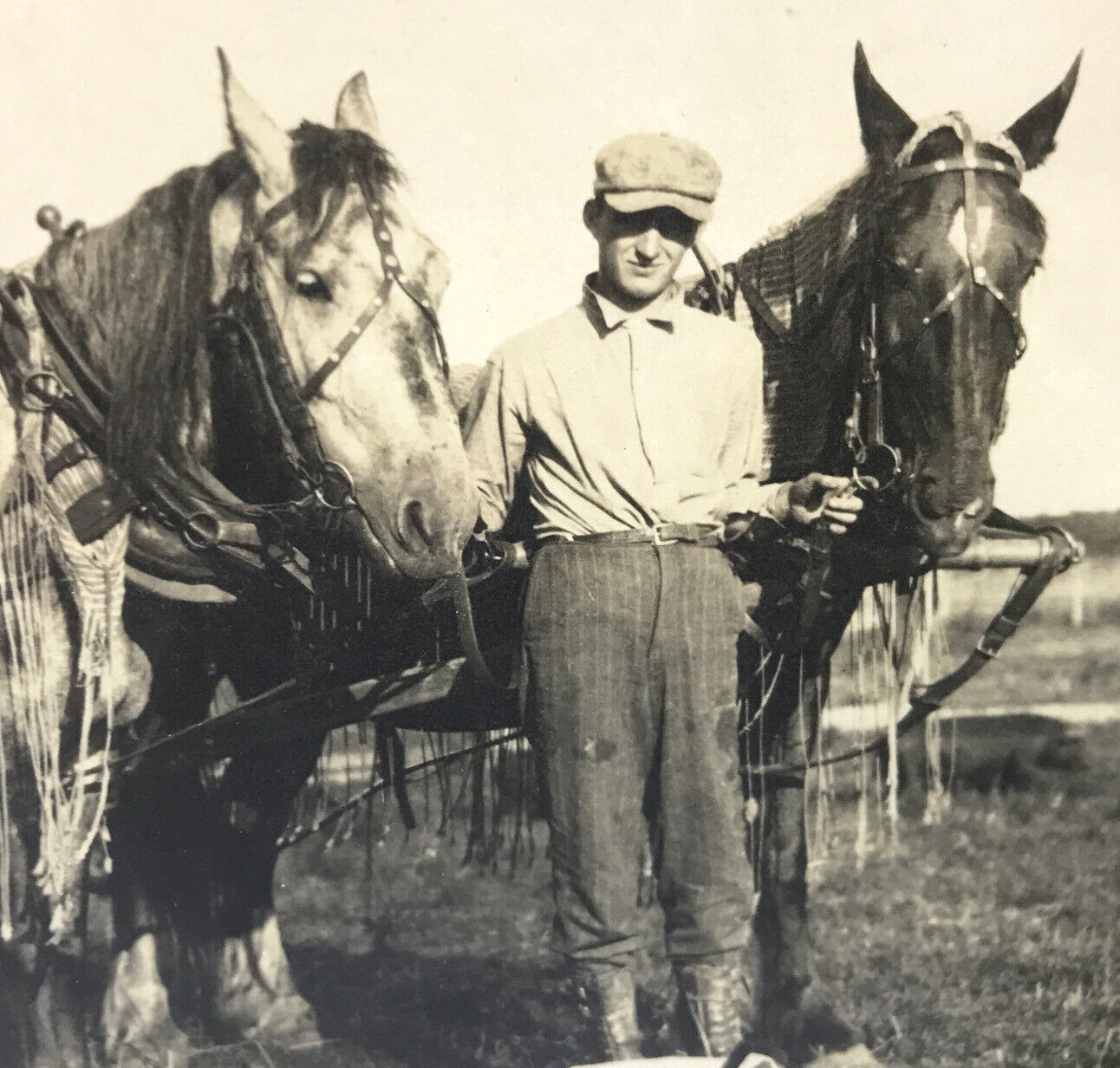Antique Vtg RPPC Photo Working Horses Fly Net Edwardian Boy Farmer Hat Fashion