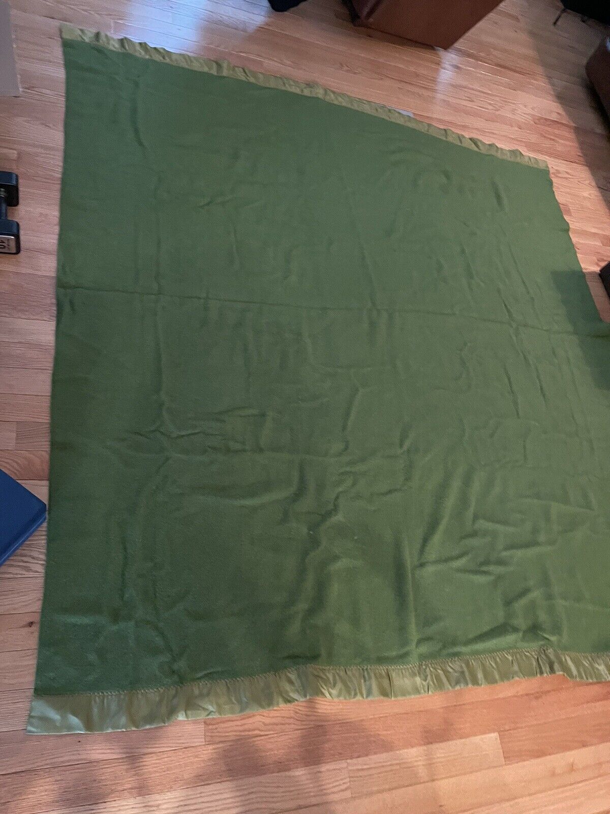 Vtg Avocado Green Penny’s Satin Trim Blanket 92 L x 82” W.