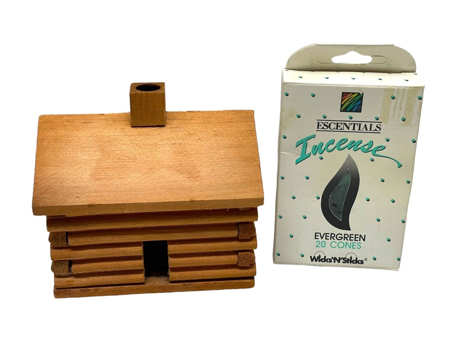 VTG Rustic Log Cabin Incense Burner Miniature Wooden House-WICKS n STICKS Cones