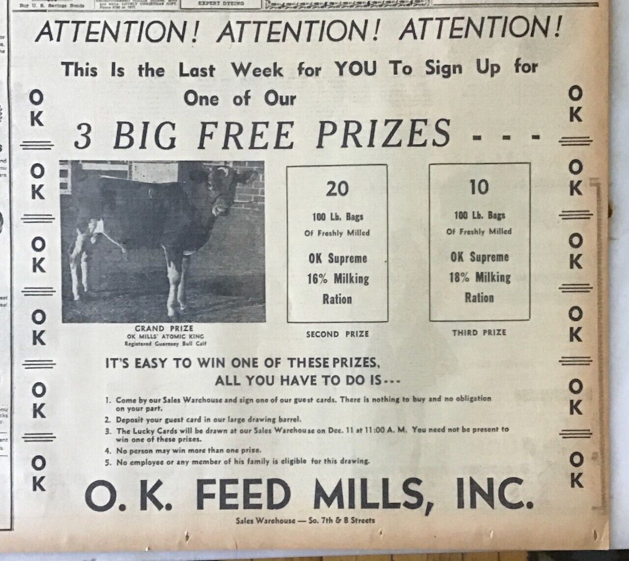 Large 1948 newspaper ad for O.K. Feed Mills - Win Atomic King Guernsey bull calf