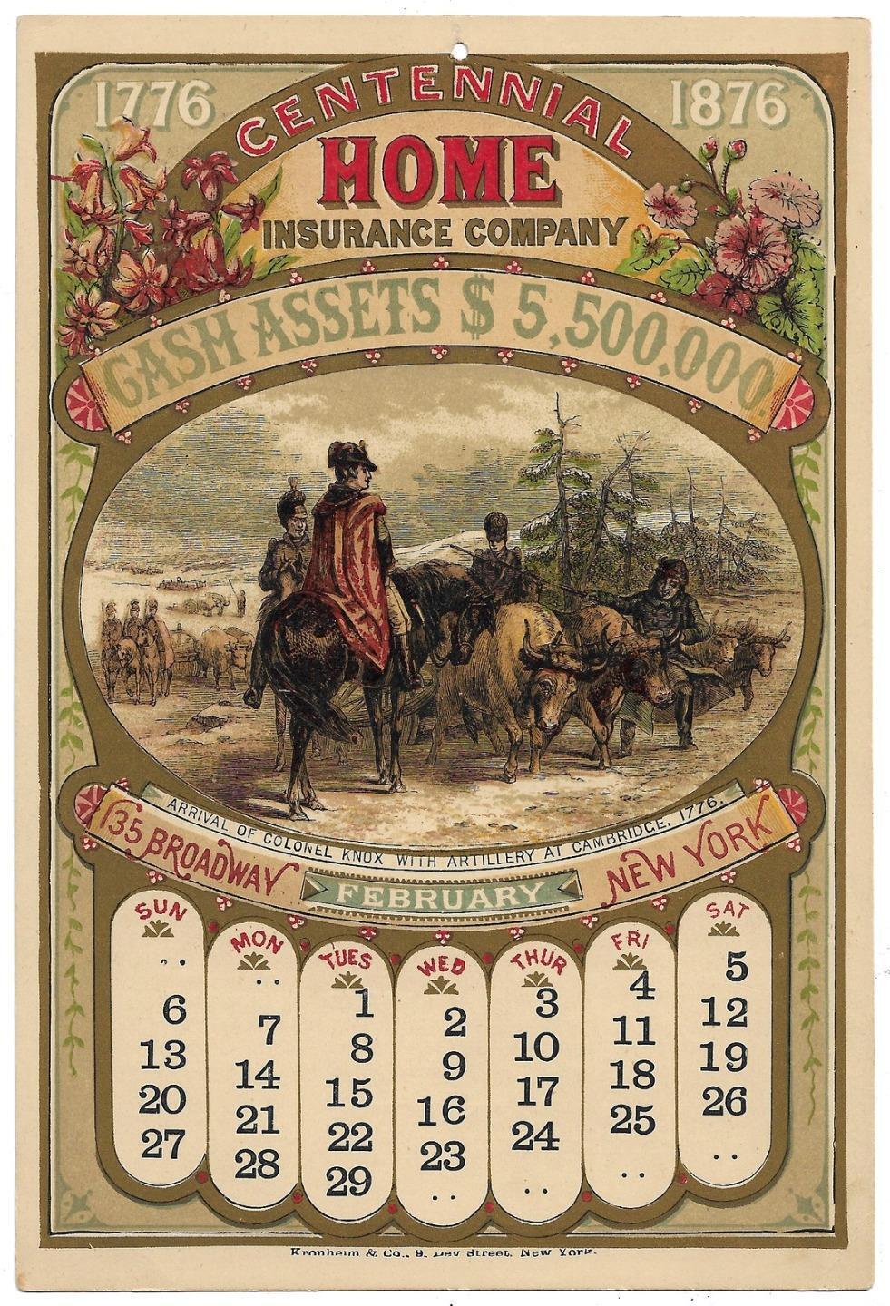Original 1876 Centennial Expo February Calendar  Colonel Knox at Cambridge