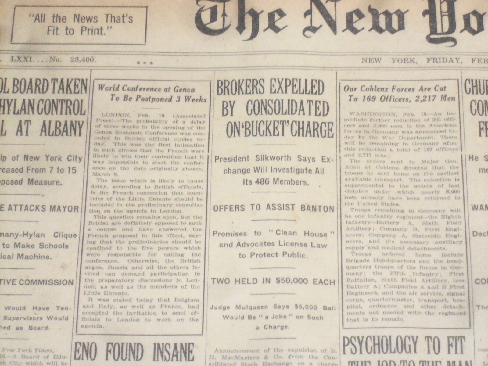 1922 FEBRUARY 17 NEW YORK TIMES - BROKERS EXPELLED ON BUCKET CHARGE - NT 9015