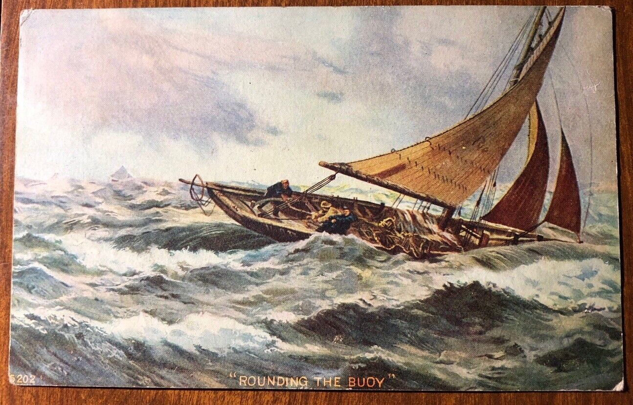 Stormy Waves, Sailing, Yacht, “Rounding The Buoy”, Vintage Lithograph Postcard