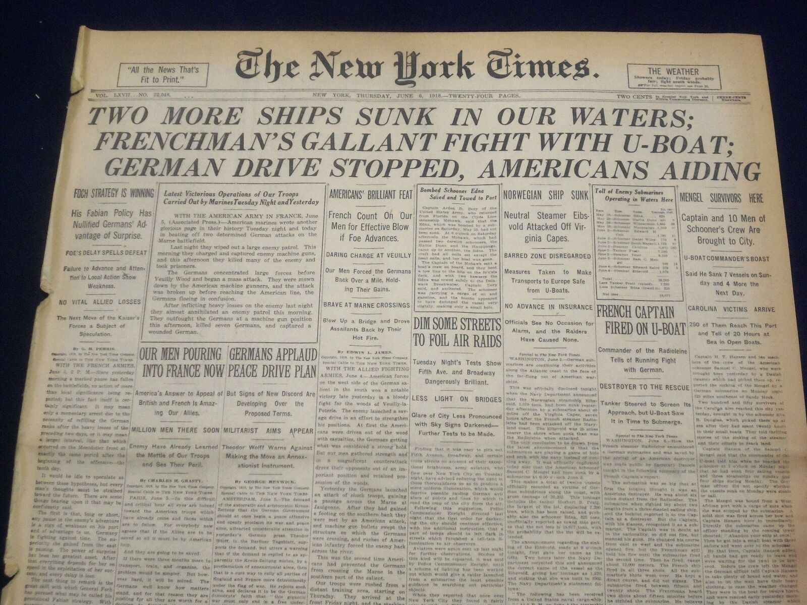 1918 JUNE 6 NEW YORK TIMES - TWO MORE SHIPS SUNK IN OUR WATERS - NT 9079