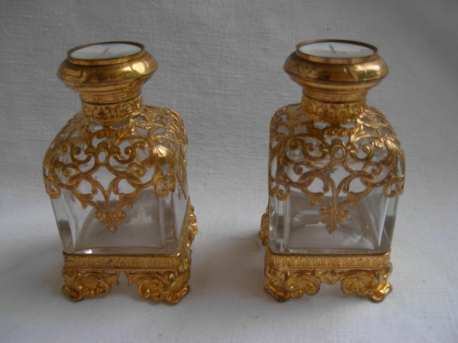 PAIR OF ANTIQUE FRENCH GILT BRASS CRYSTAL PERFUME BOTTLES,NAPOLEON III PERIOD.