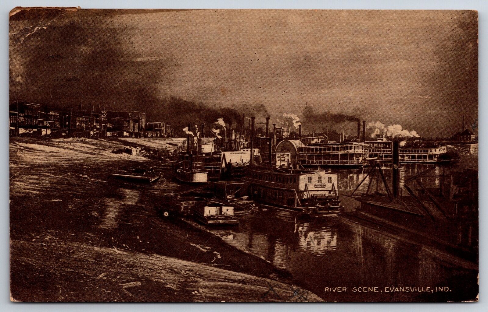 Evansville Indiana~River Scene~Ships~Bridge~Factories~c1910 Postcard