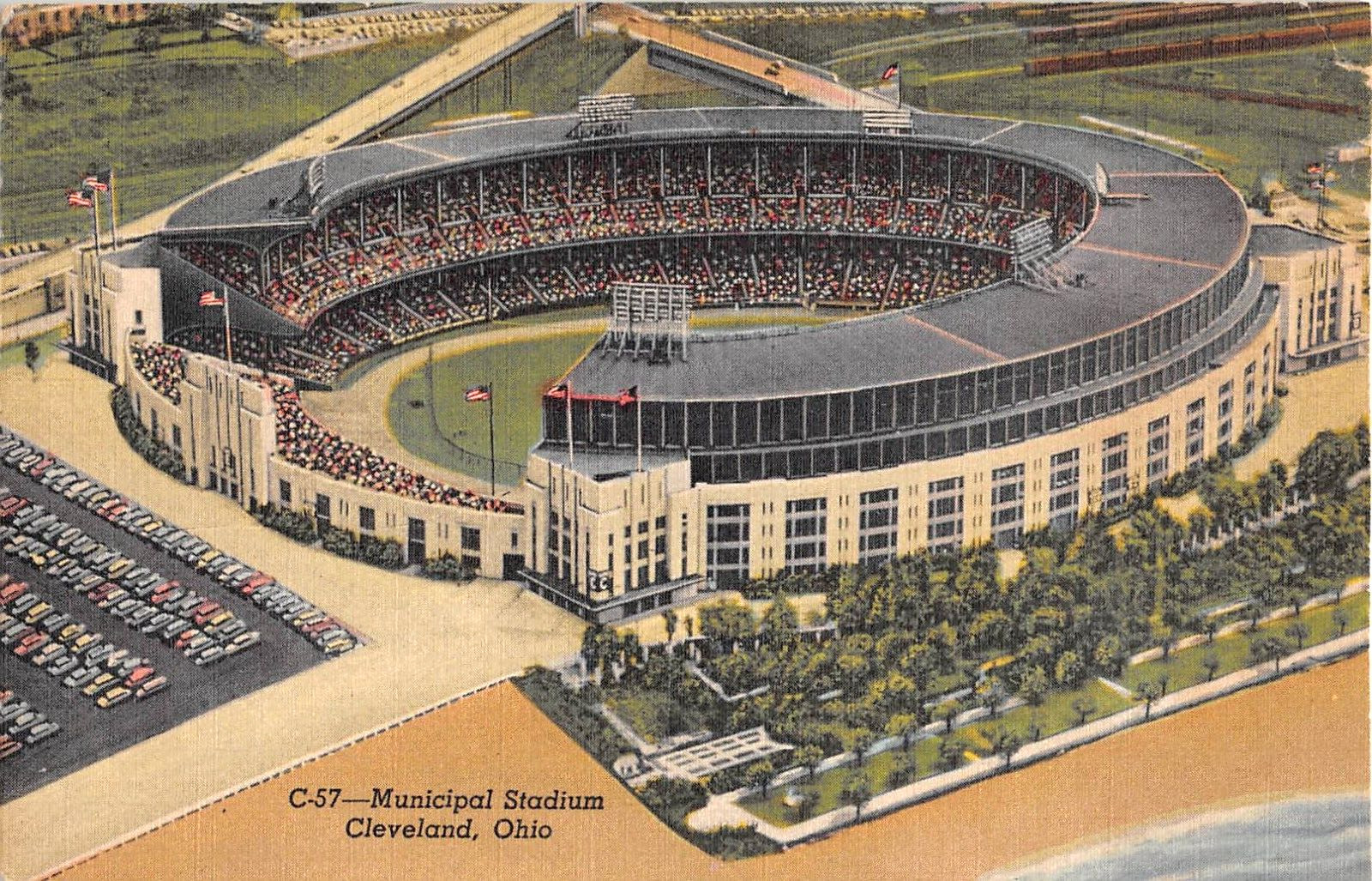 c.1940 Aerial View Baseball ? Municipal Stadium Cleveland OH post card Linen