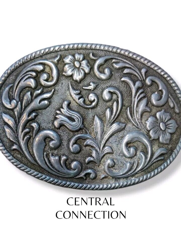 Vintage Oval Silver Tone Western Style Floral Embossed Flower Design Belt Buckle