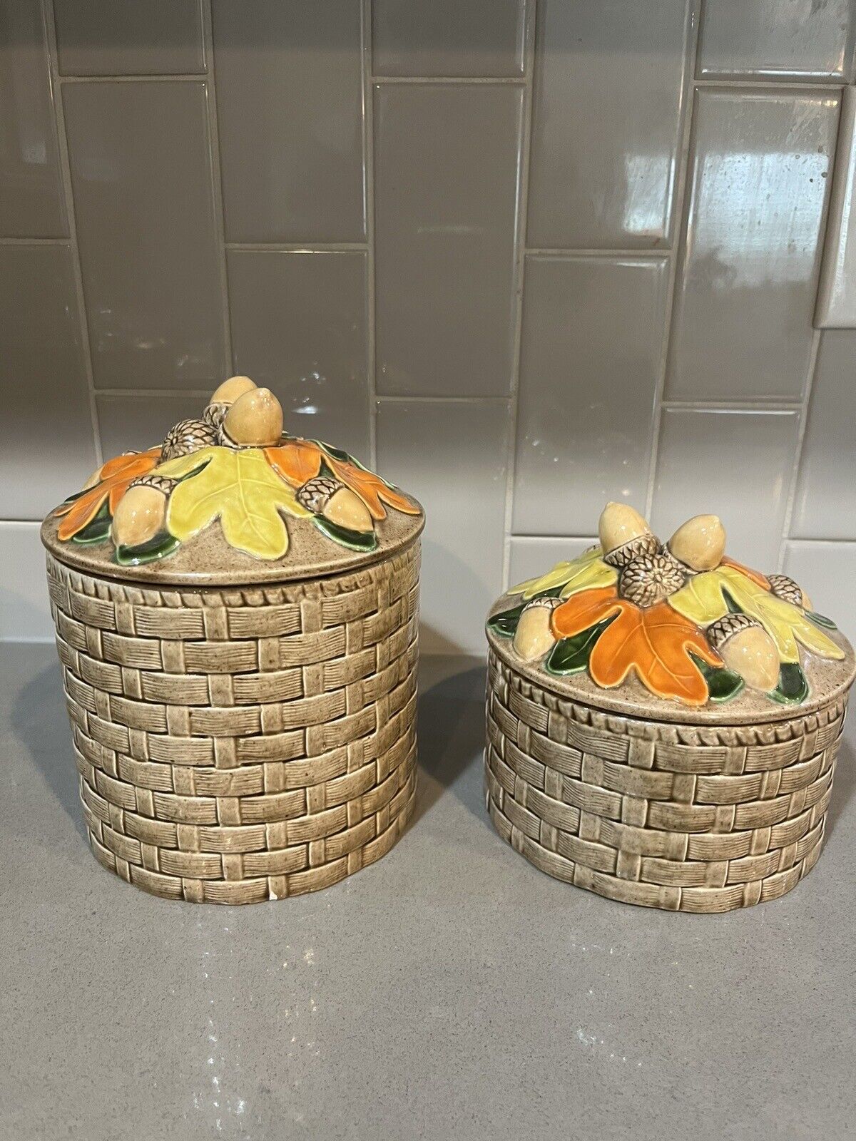 Vintage MCM Ceramic Cannister Pair Basketweave Acorn Autumn Leaves