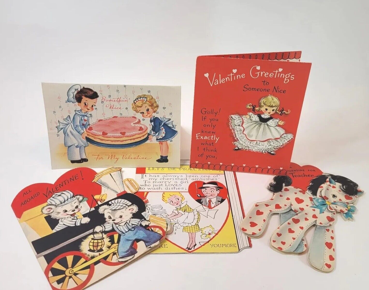 Vtg \'50s Valentine Cards Stand Up Open Lot of 5 Bears Pony Chef Crafting Decor