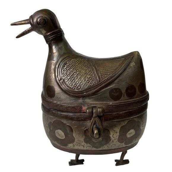 Vintage Folk Art MCM Brass Metal Heavy Bird Duck Trinket Box