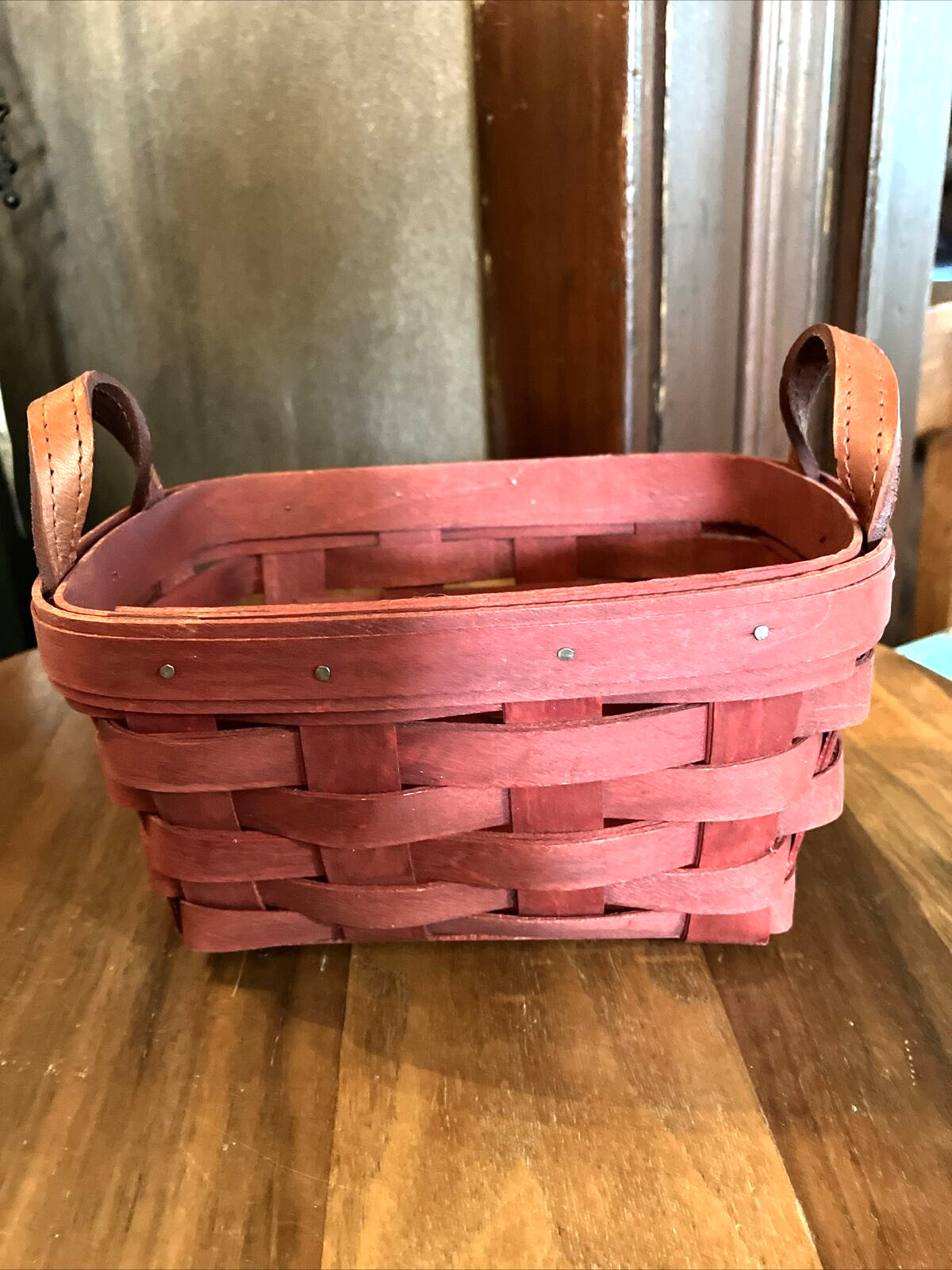 Longaberger 2006 Red Stain Weave Tea Basket with Leather Handles -displayed only