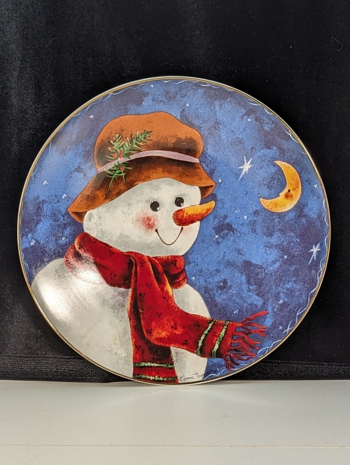 Vintage Elaine Thompson Ceramic Snowman Plate Frosty Snowman Moon 10-1/4”