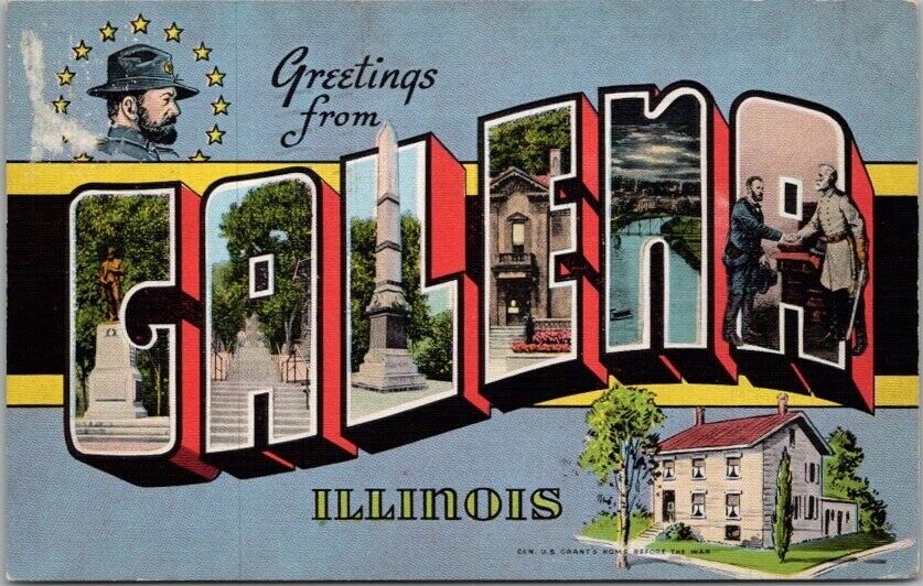 GALENA, Illinois Large Letter Postcard Ulysses S. Grant Home / KROPP Linen 1951