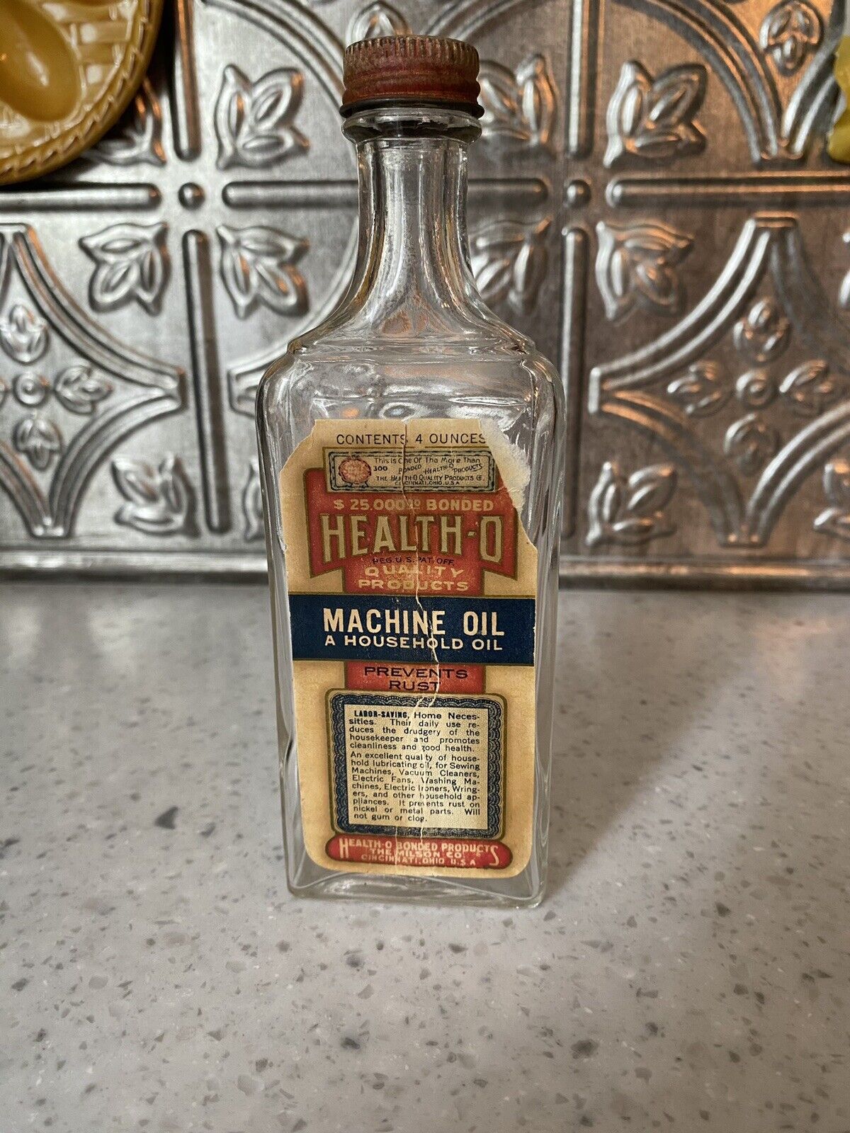 VTG Health-O Machine Oil Glass Bottle Empty With Lid.