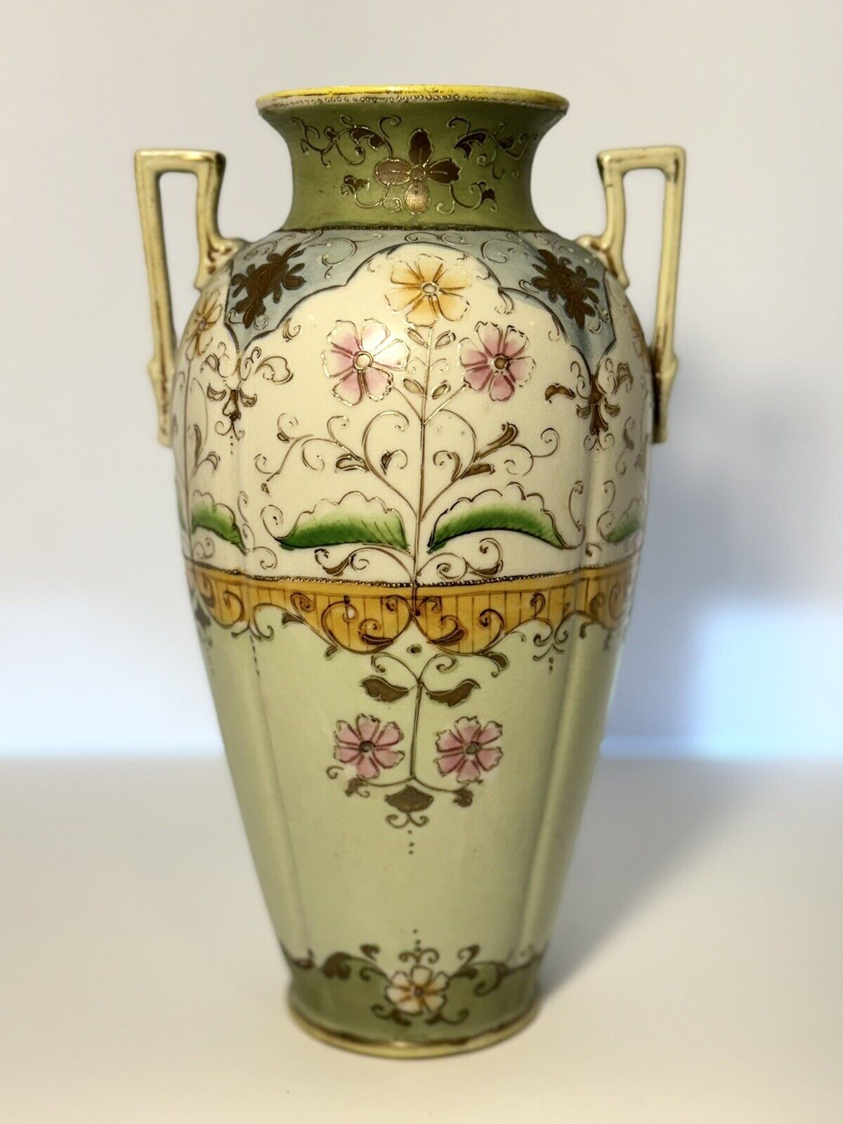 Vintage IE & Co Japan Handpainted Floral Pastel Double Handled Vase 9 3/4” Tall