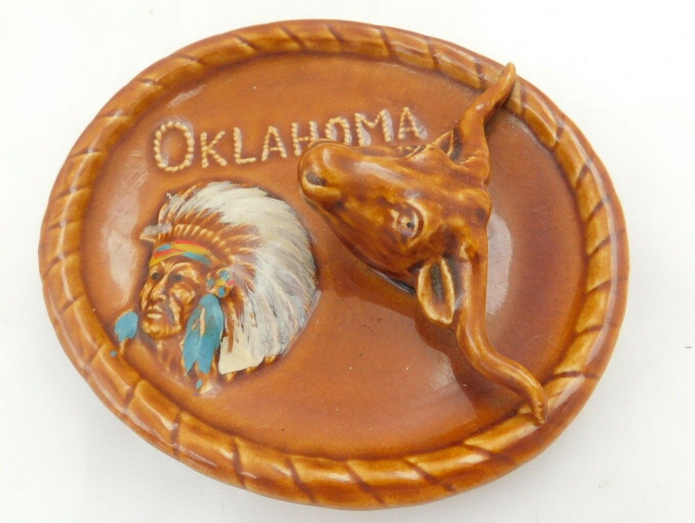 Vintage Small Oklahoma Plaque with Long Horn Cattle & Indian Chief