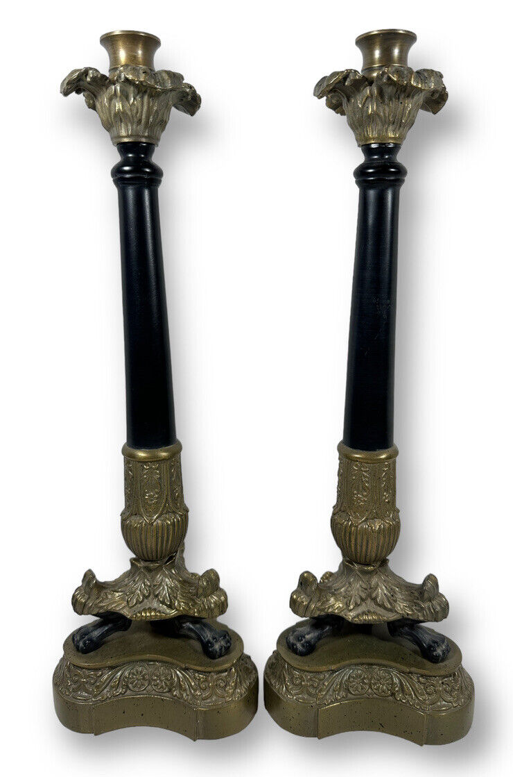 Pair of Napoleon III Bronze Brass Candlesticks 19th C, Claw Feet, 16\