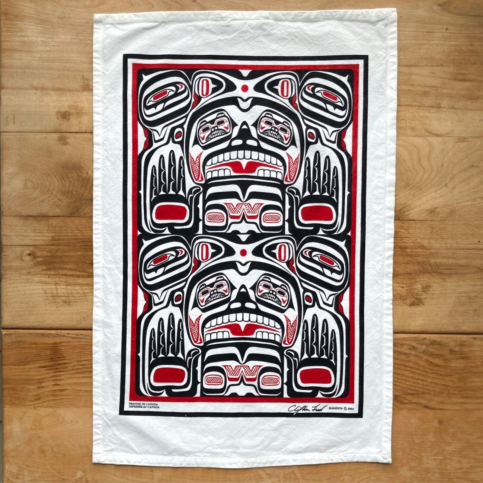 Clifton Fred Magenta Tea Towel Tlingit Totem Tribal Art Canada VTG Red Black