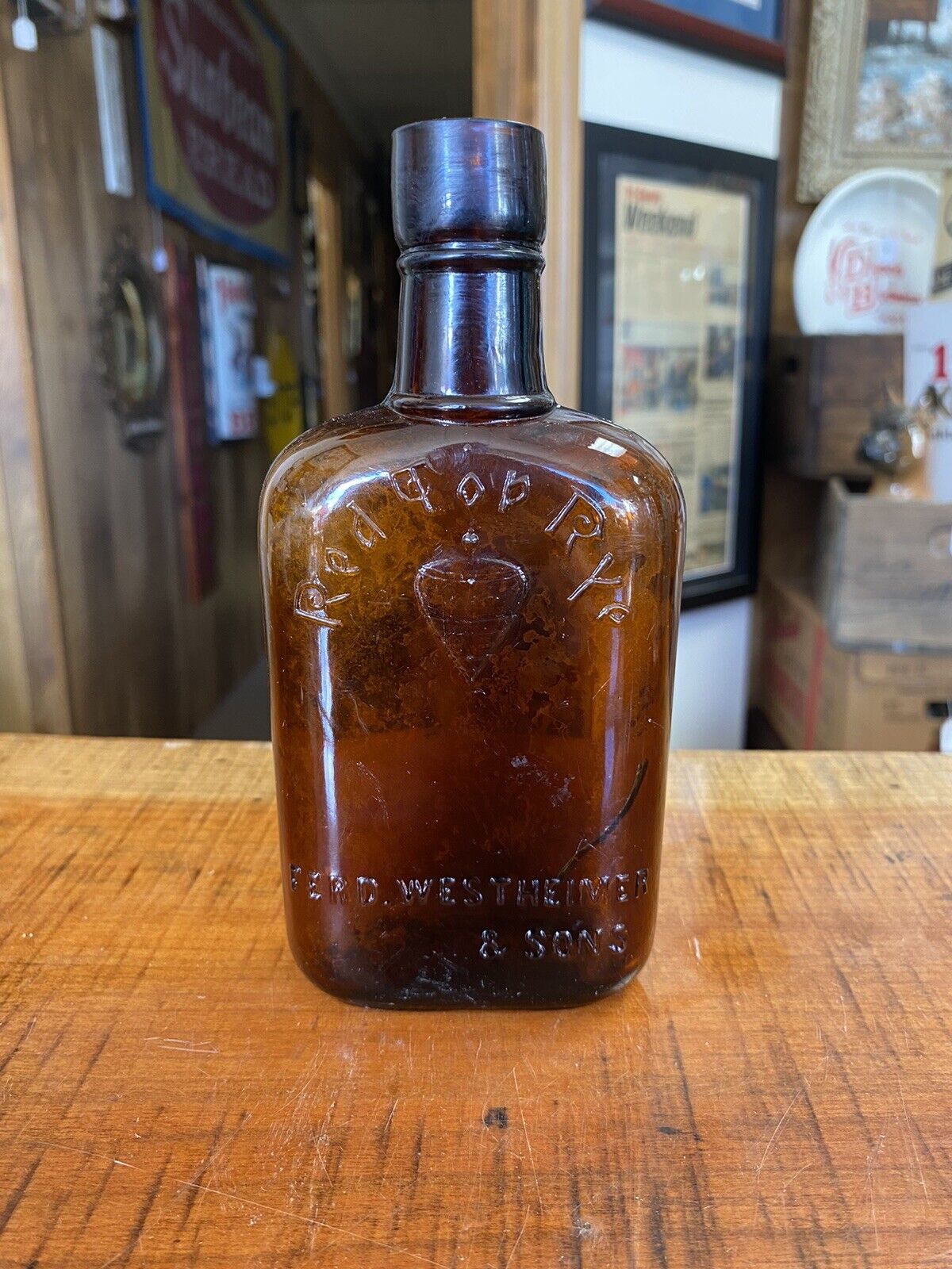 Vintage Ferd. Westheimer & Sons Red Top Rye Amber Glass Whiskey Bottle