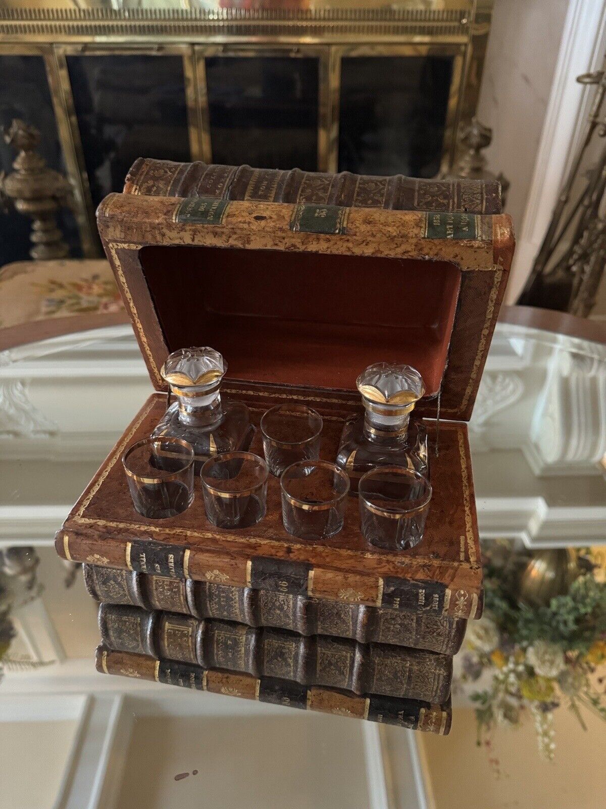 Antique French Faux Book Tantalus Box w/Gilt Crystal Decanters and Glasses