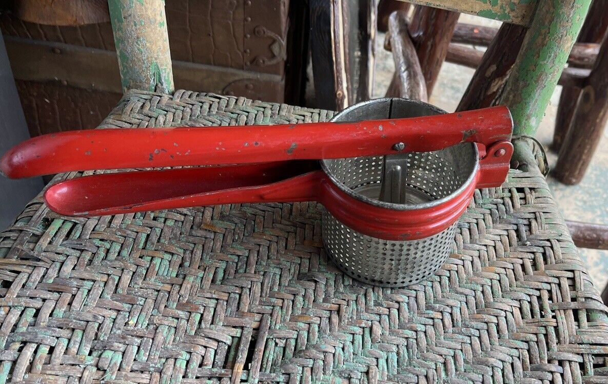Primitive Old 1930's Red Handle Antique Farmhouse Steel Potato Ricer