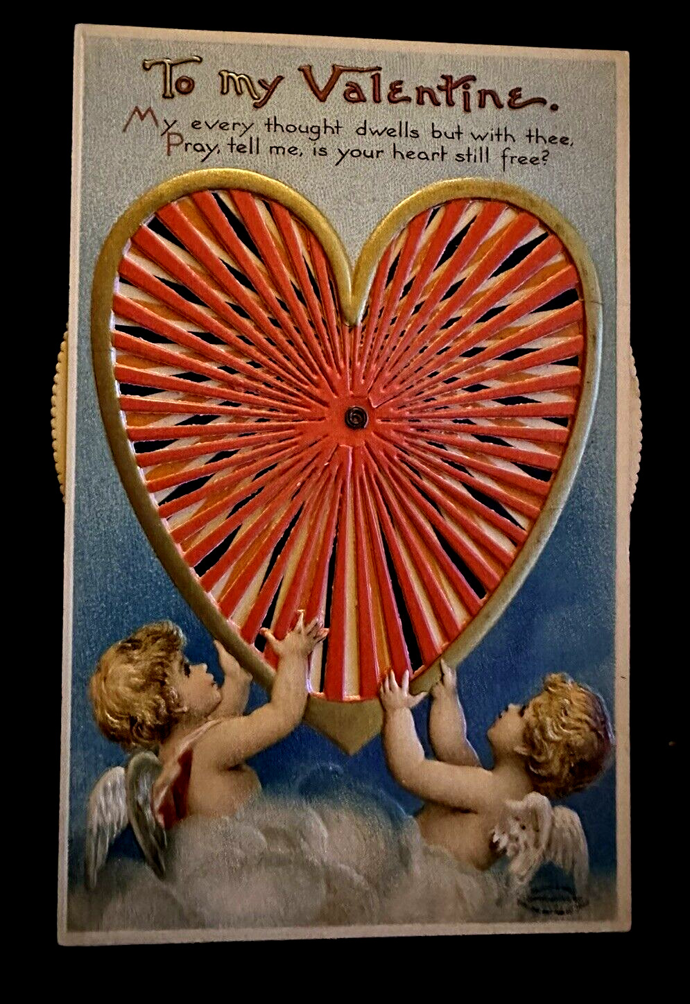 Clapsaddle~Mechanical Kaleidoscope Heart~Spinner Valentine~Cupids~Postcard~h720