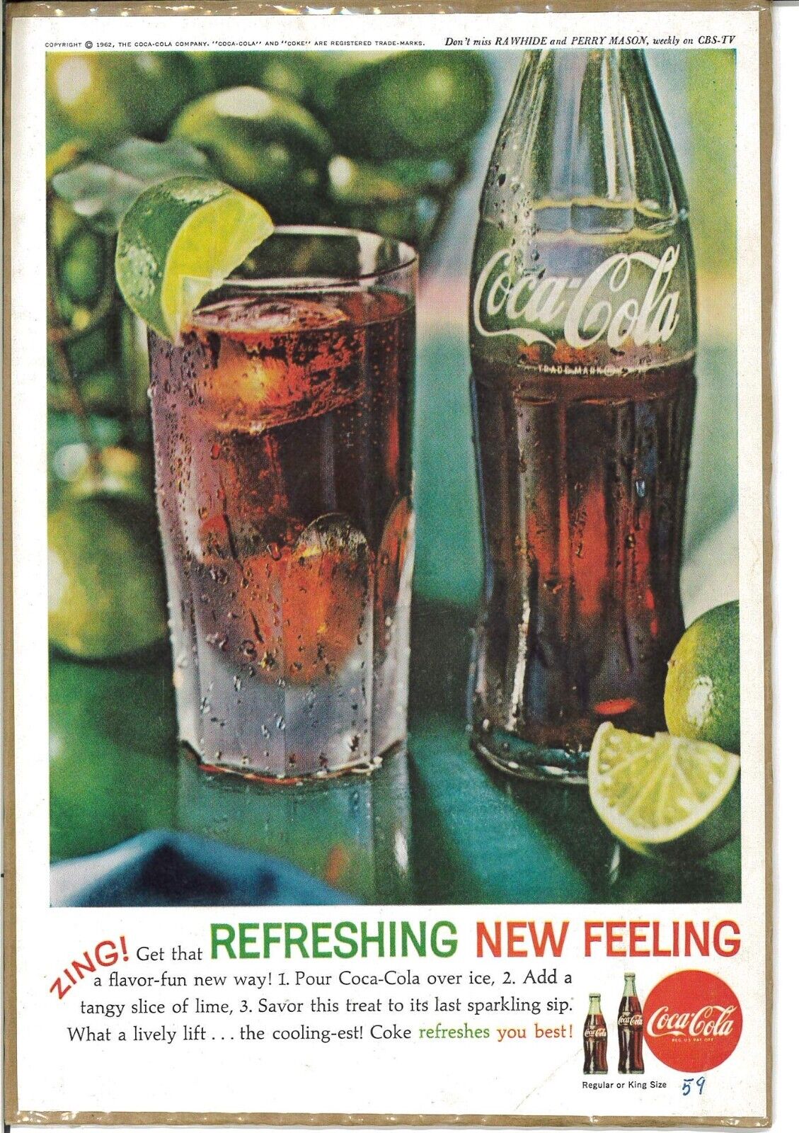 1959 Coca-Cola Soda Vintage Print Ad Bottle Glass Refreshing New Feeling Lime