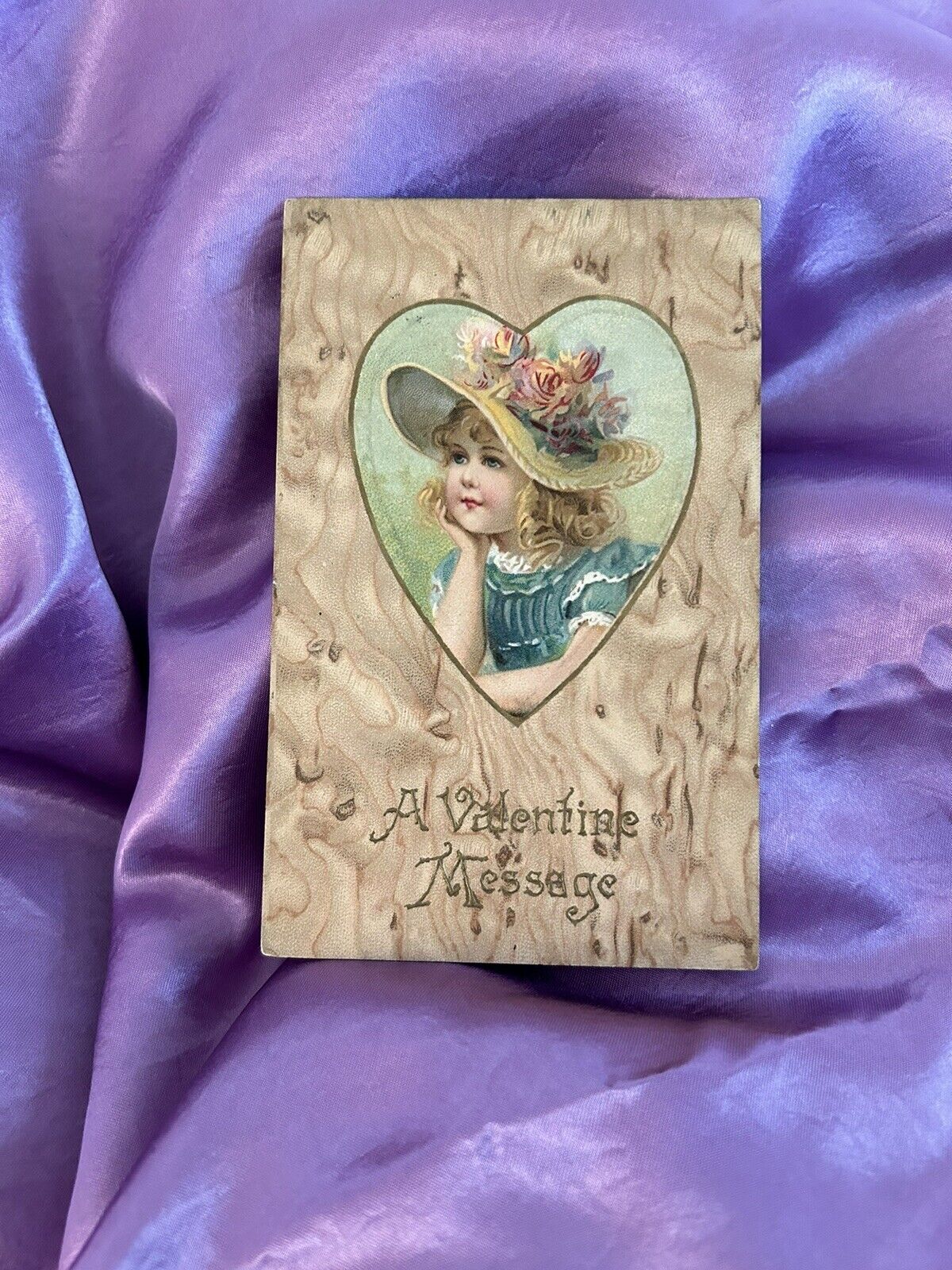 Valentine Postcard UDB Girl In Straw Hat w/Roses & Blue Dress WINSCH