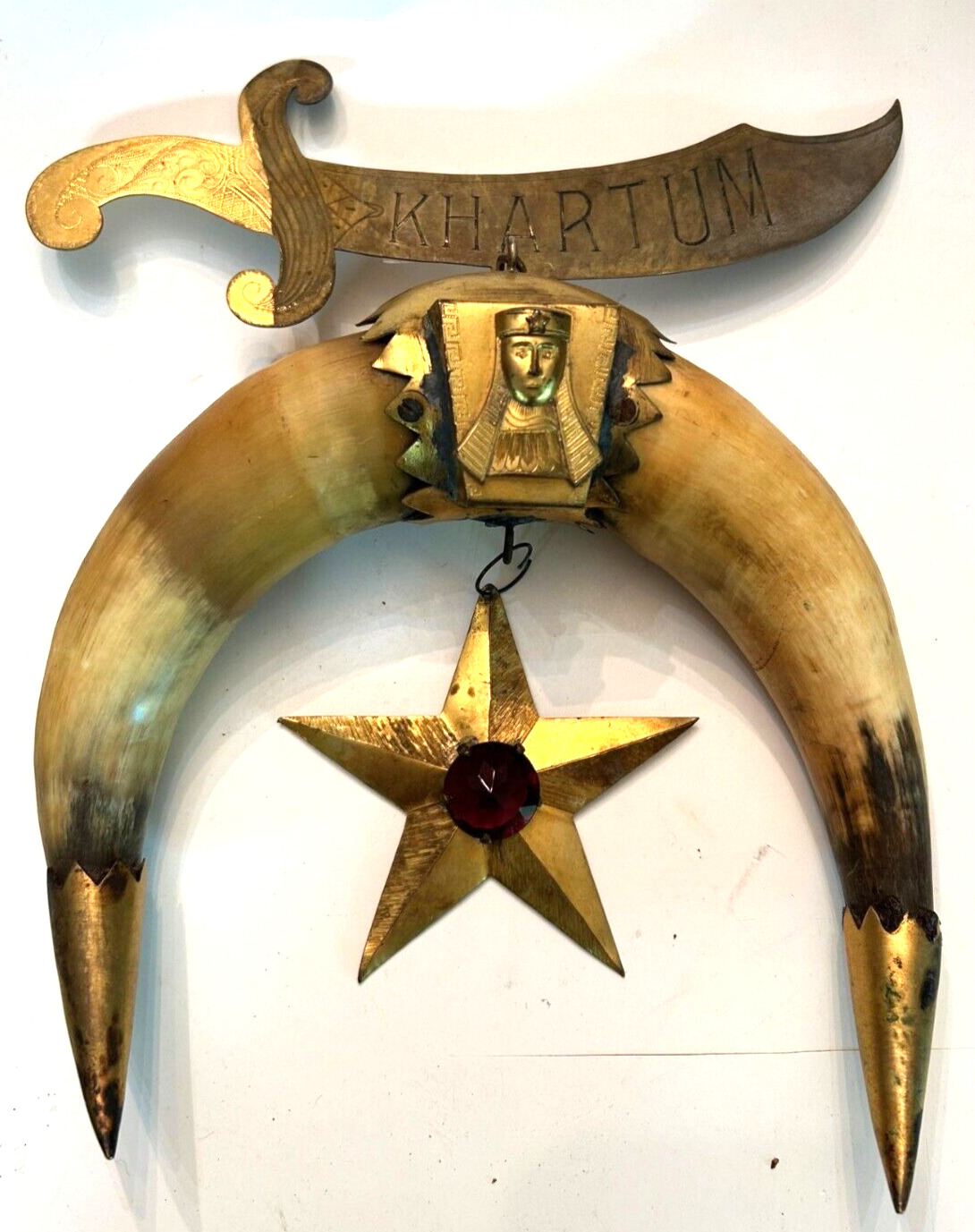 Great Large Antique Masonic Brass, Horn & Jewel Pinback Chest Gorget 9\