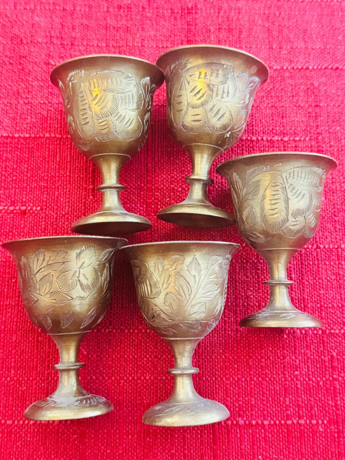 Vintage Handmade engraved Brass cup set of 5 mini Goblets