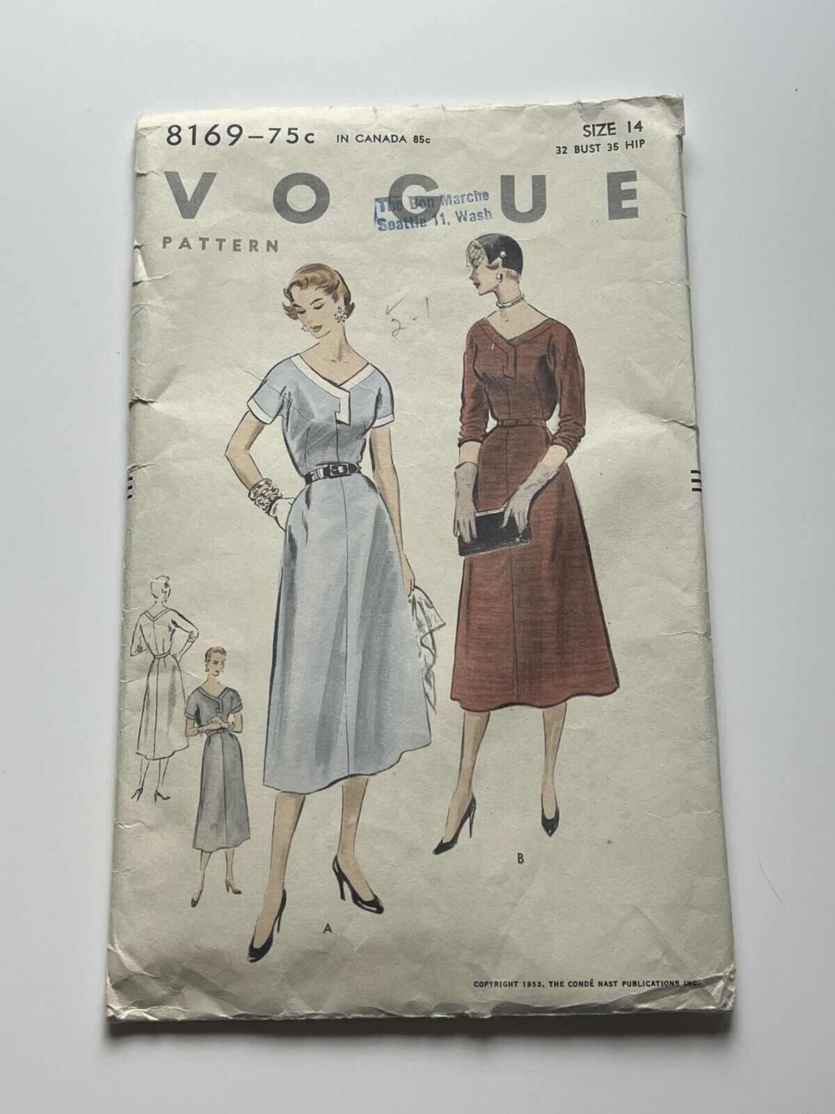 Dress Size 14 Bust 32 RARE Vintage 50’s VOGUE Sewing Pattern V8169 Contrast Band
