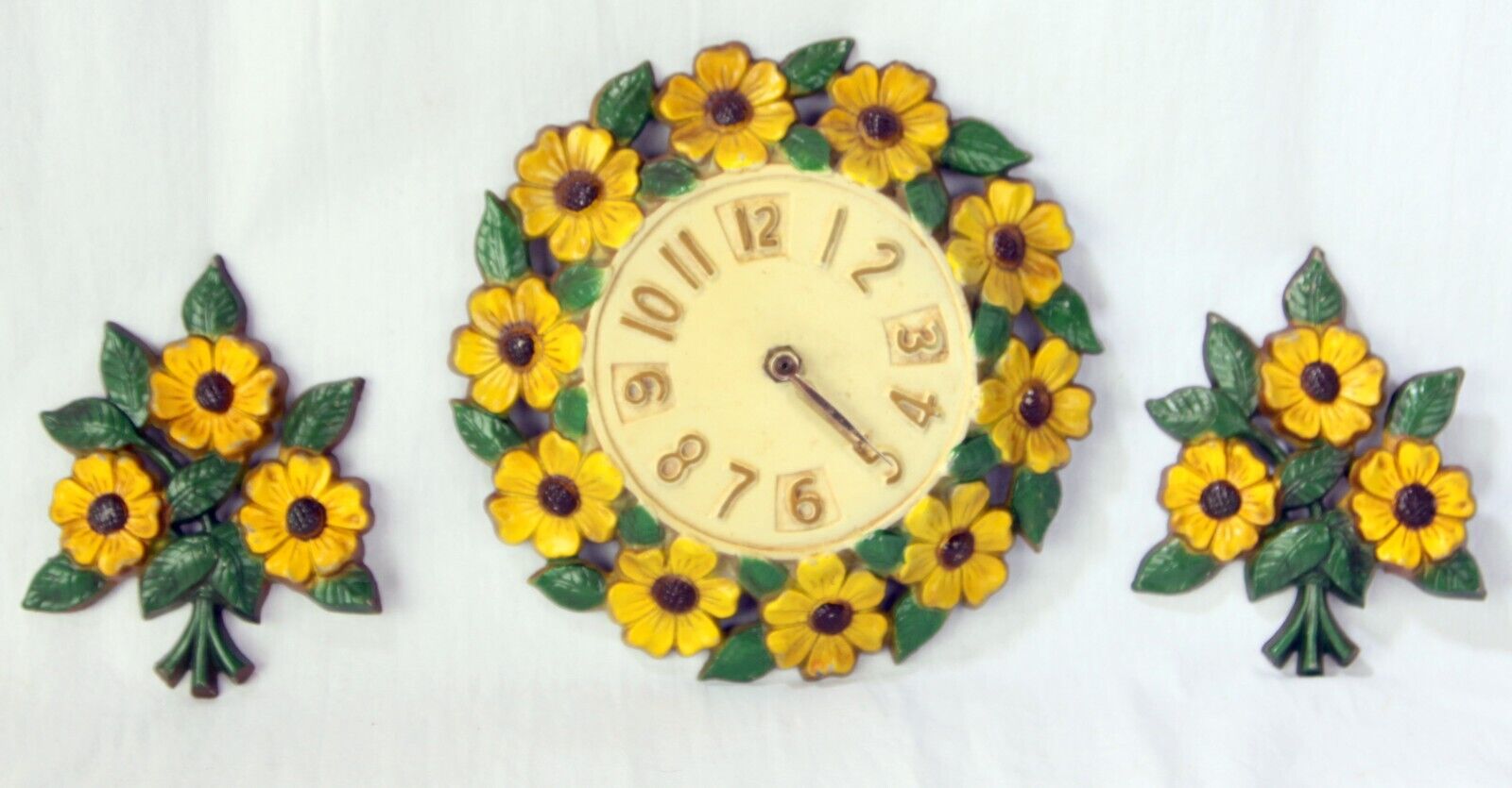 Vintage Sexton Yellow Metal Wall Cast & Clock Flowers Hanging Decor Set
