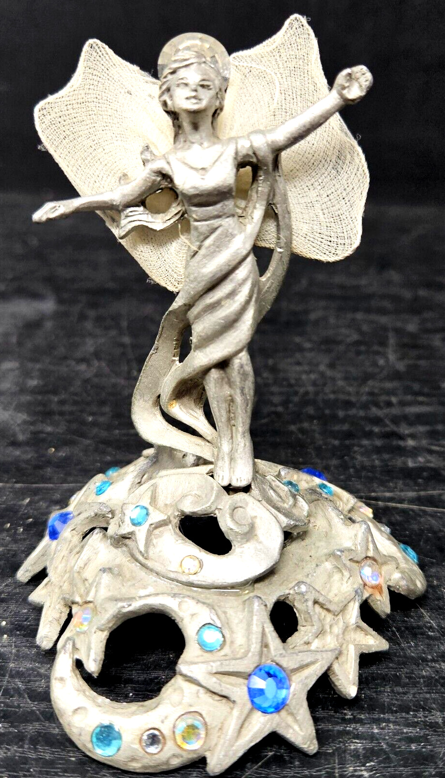 Pewter Fairy Pixie Angel w/Wings Mini Figurine on Rhinestone Sunglo Denicolo Vtg